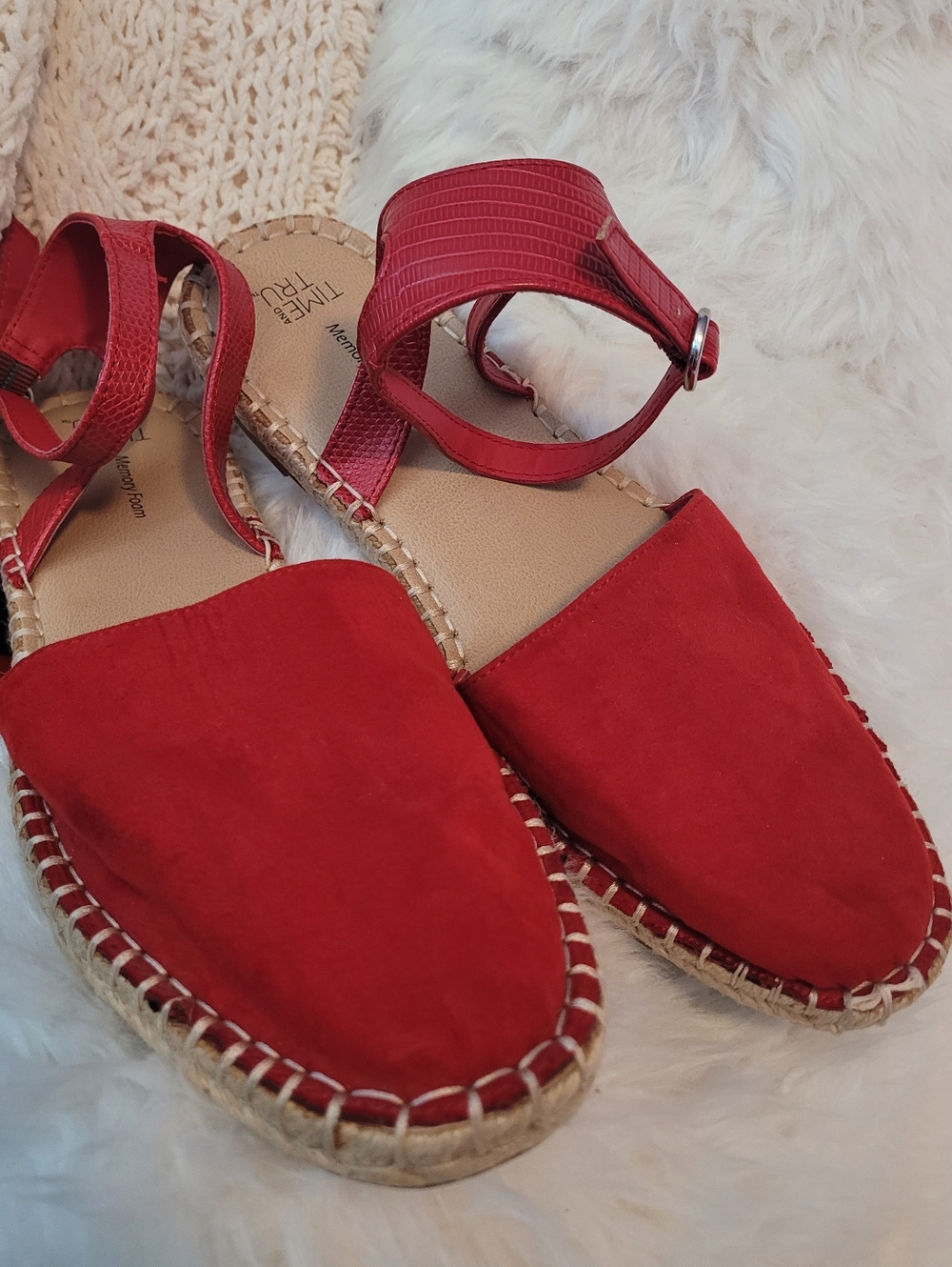 Time and Tru Red Women's Espadrille Sandals with Ankle Strap